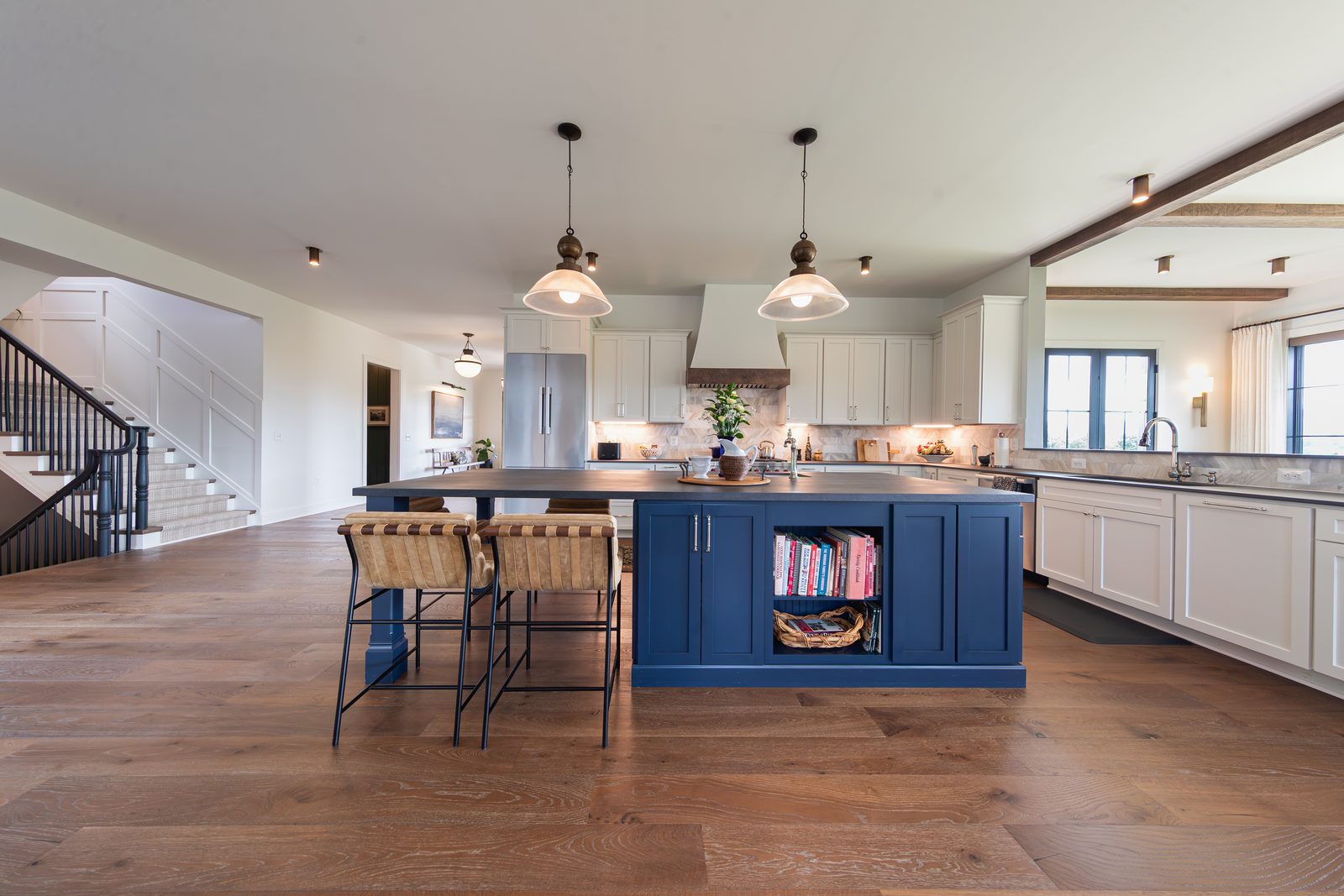 The navy kitchen island at Monte’s Run