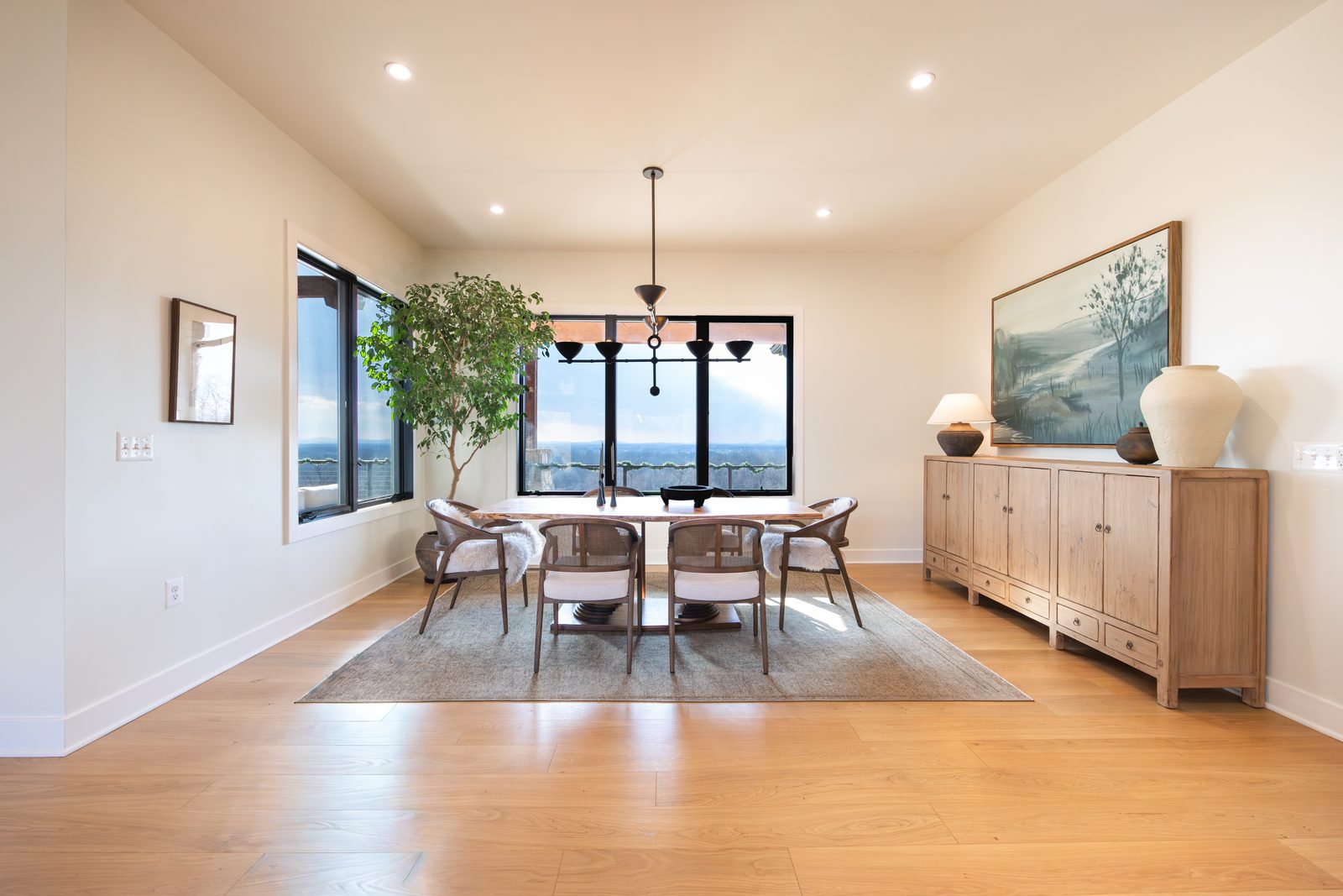 The dining room, with windows onto the view
