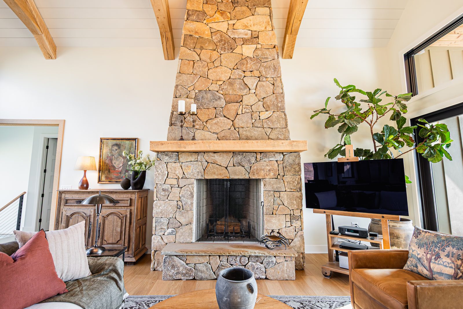 The stone fireplace in the great room
