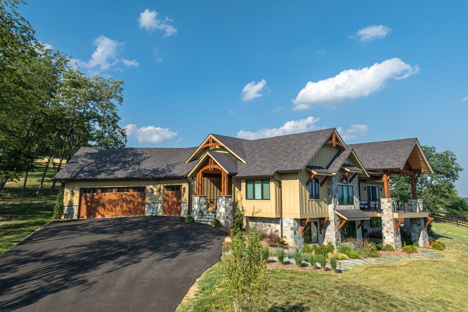 The front of Mountain Craftsman, stone piers under timber gables